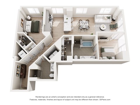 A 3D floor plan of a house with a kitchen, living room, and bathrooms.